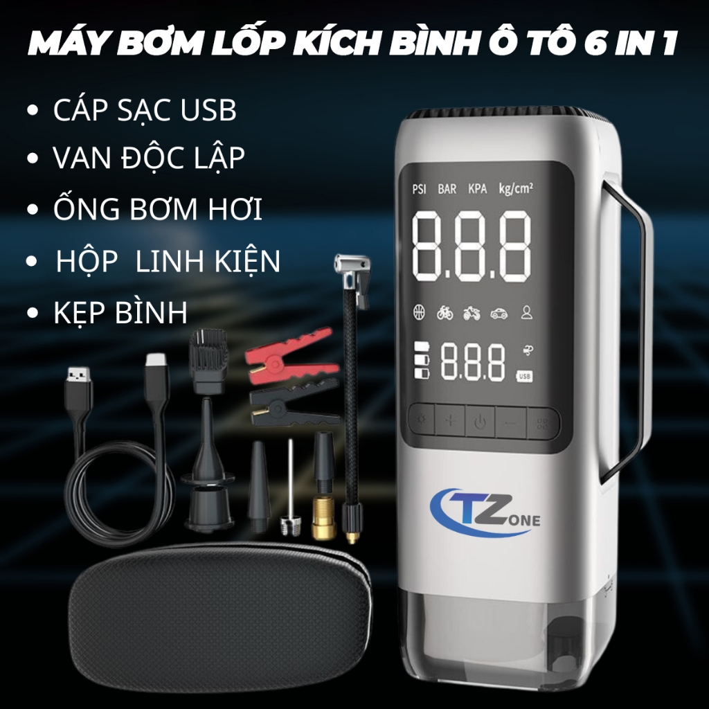 Kích Bình - Bơm Lốp Ô Tô Tzone 6 Trong 1 Pin 12500mAh Tích hợp sạc dự phòng và đèn chiếu sáng - Bảo hành 24 tháng