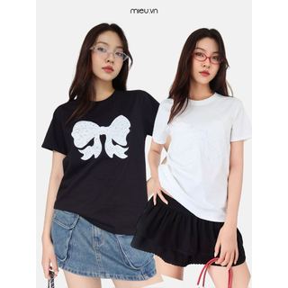 Áo Thun Basic Cotton Đính Nơ Ren Thêu Nổi MIEU - Phong Cách Năng Động, Thoải Mái - LA13