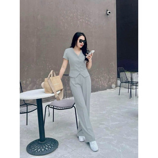Sét bộ công sở nữ chất tuyết mưa áo cổ v nút túi giả vạc tà áo phối quần ống suông.