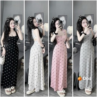 Đầm ba lỗ sát nách dáng dài hở lưng họa tiết nơ nhí toàn đầm hot, có may sẵn đệm mút ngực MS0100