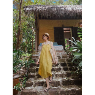 Đầm hai dây màu vàng mustard Linen Bamboo