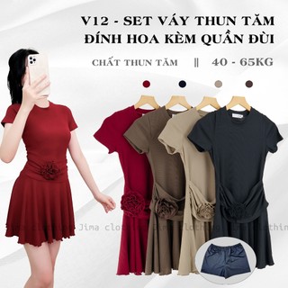 Set Váy Thun Tăm Đính Hoa Kèm Quần Đùi - Set Đồ Nữ, Set Đồ Nữ Sang Chảnh, Váy Nữ - V12