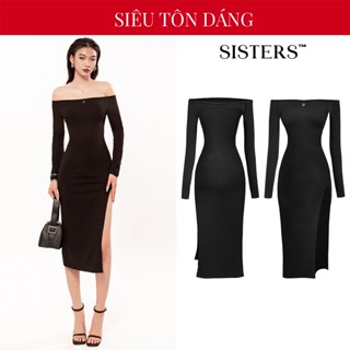  Váy body trễ vai dài tay SISTER xẻ tà sexy màu đen thun gân ôm sát tôn dáng đầm body dài Inga SIS-CLUB  | SS3-D3 