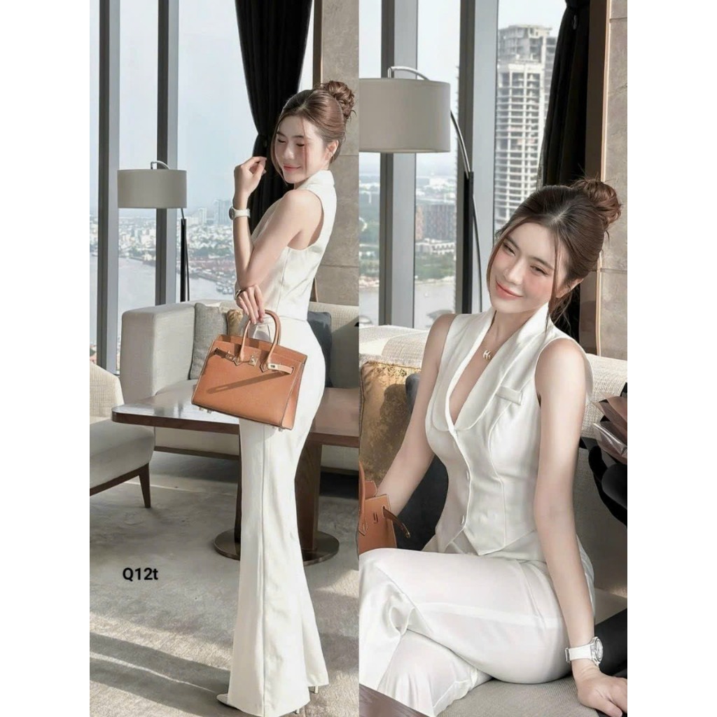 Set bộ chất tuyết mưa thời trang nữ trẻ trung sang trọng cổ chữ V áo sát nách đính nút quần dài ống loe
