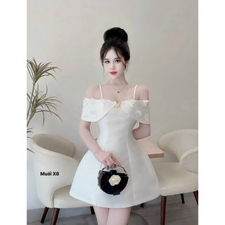 váy trễ vai nữ đính hoa laze kèm cham xinh xắn, váy thiết kế nữ CABOXIN