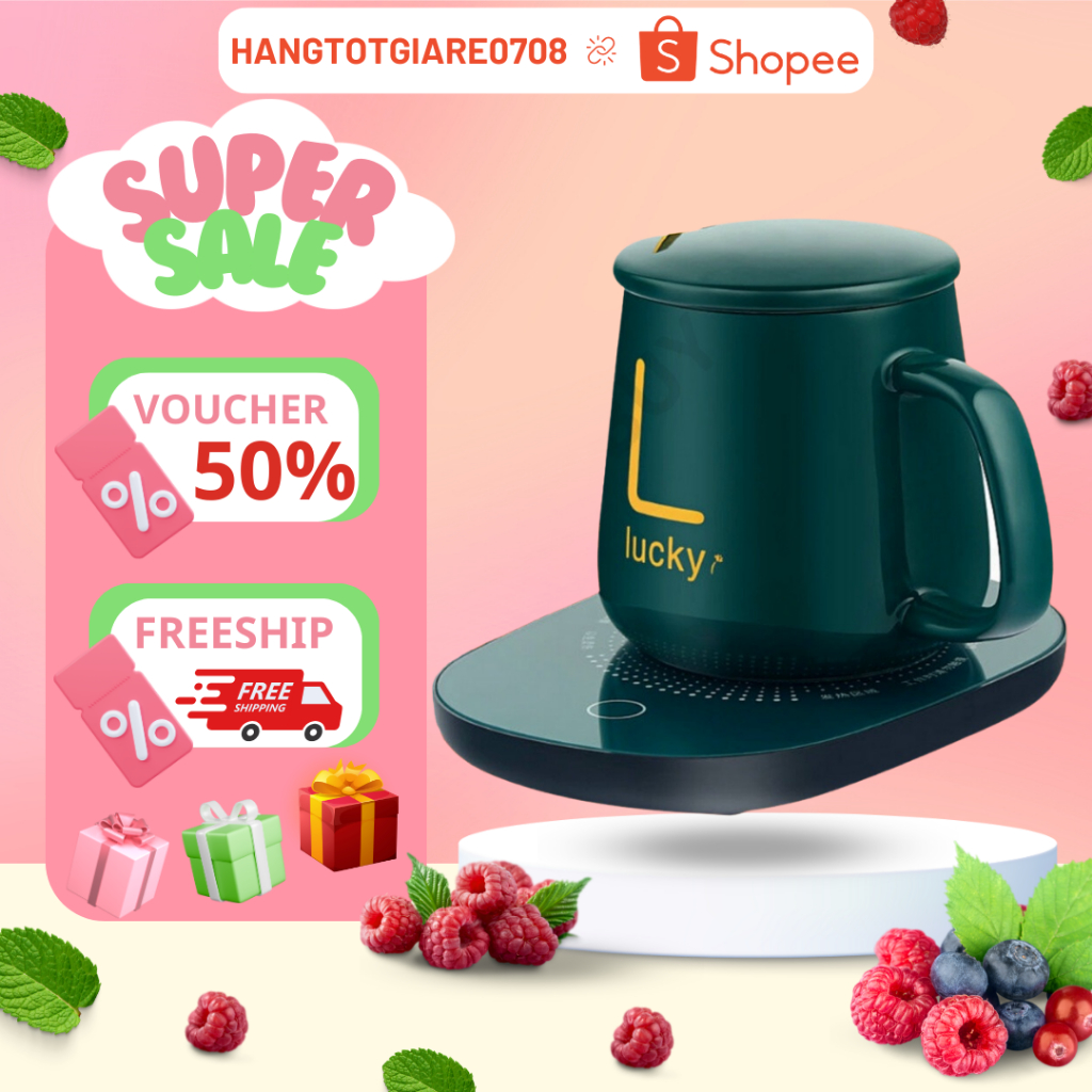 Cốc Hâm Nóng Đồ Uống Kèm Đế Điện, Bộ Ly Sứ Kèm Đế Điện Hâm Nóng Trà, Cafe, Hâm Sữa + Tặng Kèm Thìa Vàng, Hộp Sang Trọng