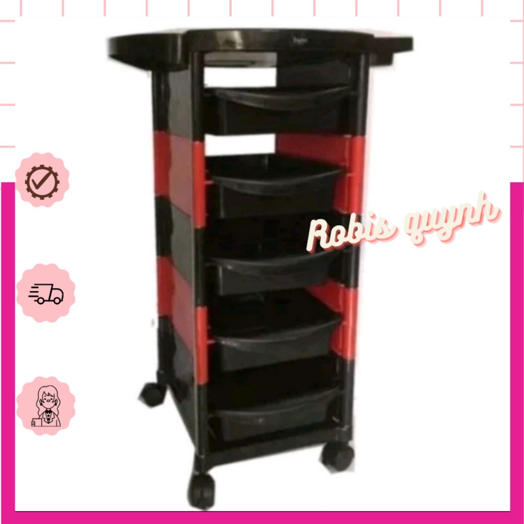 Xe Đẩy Nhựa 6 tầng, Xe Đẩy Salon Đỏ Đen , Xe Đẩy Sắt Cao Cấp 5 Tầng ( dành cho salon  Barber )