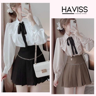 Áo sơ mi nữ tiểu thư Haviss thiết kế dài tay phồng  dáng dài cao cấp phối dây nơ đẹp sang trọng thời trang công sở