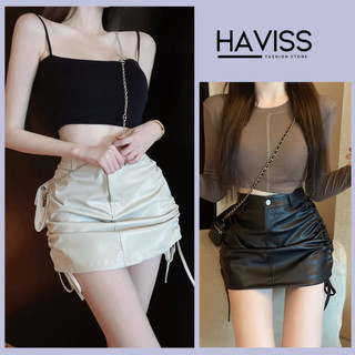 Chân váy da ngắn ulzzang Haviss dây rút da 2 bên mặc 2 kiểu bèo nhún hông ôm body thời trang nữ phong cách quyến rũ