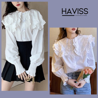 Áo sơ mi nữ dài tay Haviss sơ mi kiểu cổ 2 tầng phối bèo ống tay dài bo chun chất vải mềm mát thời trang nữ cao cấp
