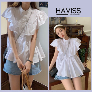Áo sơ mi nữ cộc tay cổ trụ Haviss cổ trụ phối cánh bèo cộc tay dáng xòe kiểu dáng nhẹ nhàng thời trang nữ năng động