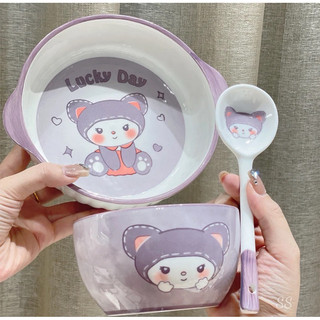 sét 3 món bát sứ kèm thìa màu tím hình gấu cute