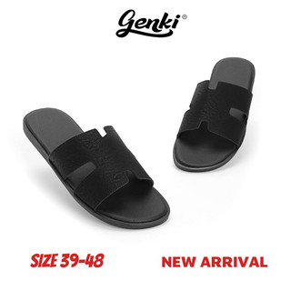 (Size 39-50) Dép Chữ H Genki Bigsize Quai Ngang Da Cao Cấp Màu Đen Full Nam Đế Bằng Cao Su