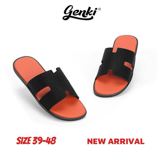 (Size 39-50) Dép Chữ H Genki Bigsize Quai Ngang Da Cao Cấp Màu Đen Cam Nam Đế Bằng Cao Su