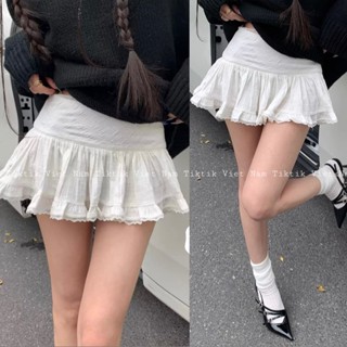 (sẵn) Chân váy xoè ngắn cạp trễ thấp màu trắng trơn viền ren phong cách y2k nữ tính CVX001 - Tiktik