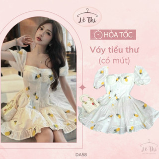 Váy tiểu thư cổ vuông tay búp dáng ngắn vải lụa in họa tiết 3D dễ thương, đầm nữ xinh đi chơi có mút |Lê Thi Clothing