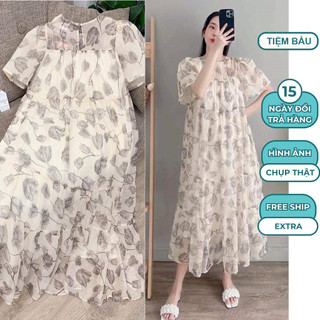 ĐẦM VÁY BẦU CÔNG SỞ CỘC TAY MÙA HÈ CHẤT VOAN TƠ 2 LỚP MỀM MẠI DÁNG SUÔNG DÀI MIX HOA LÁ TRẺ TRUNG V250