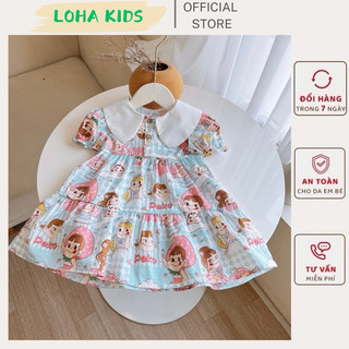 Váy Babydoll phối cổ sen dáng xòe đẹp,chất mềm mát cho bé gái loha kids
