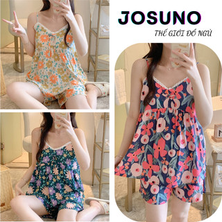 Bộ mặc nhà nữ đồ ngủ 2 dây chất lanh mềm mát phối màu siêu sang JOSUNO hcom2307