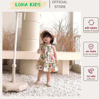 Váy 2 dây phối bèo gấu họa tiết hoa lá siêu xinh,chất mềm mát cho bé gái,loha kids(1150)