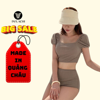 Bikini 2 mảnh cho nữ INFLACHI áo croptop tay bồng xinh xắn quần cạp cao che bụng form nhỏ 2567 F-5