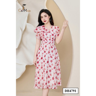 Đầm công sở CITI MODE FASHION thiết kế dáng xoè hoa đỏ cổ V phối vạt vai DH4791