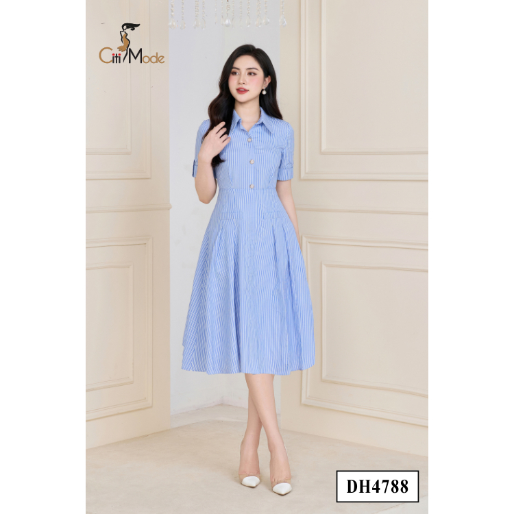 Đầm công sở CITI MODE FASHION thiết kế dáng xoè kẻ xanh cổ đức DH4788