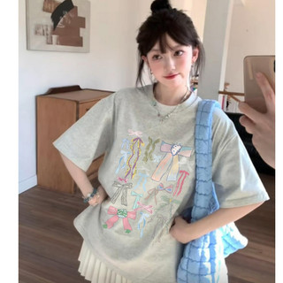 Local brand Focus fashion áo thun màu xám in Mùa hè 2024 áo phông cute form rộng nữ 100%cotton