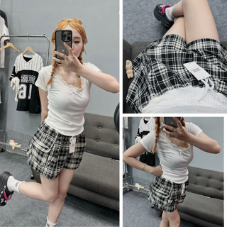 Quần short đùi nữ, quần đùi nữ túi hộp phối họa tiết kẻ sọc caro phối viền trắng cạp chun dây rút