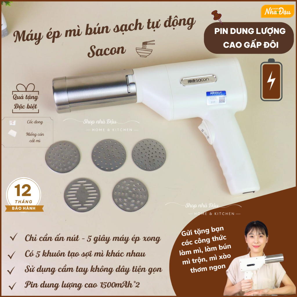 Máy làm mì tươi Sacon tự động - Máy làm bún tươi tại nhà nhanh và dễ - Máy làm mì sợi cầm tay Sacon chính hãng - BH 12TH