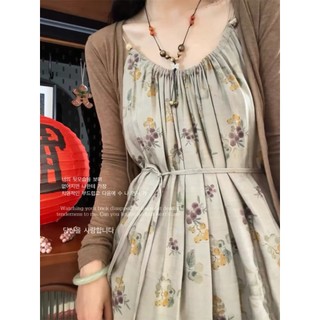 (ORDER) Váy hai dây suông xếp ly xòe dài kèm dây thắt eo điệu đà đơn giản mùa hè vintage hàng QC cao cấp
