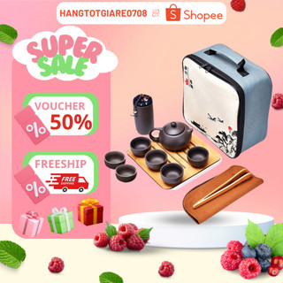 Bộ ấm chén uống trà tử sa 6 chén, 12 món, bộ ấm chén trà đạo sứ thanh kèm túi đựng xách tay dùng làm quà tặng