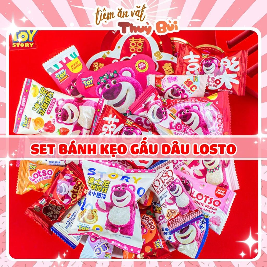 Set 1KG Bánh Kẹo Gấu Dâu Losto MIni, Kẹo Dẻo Gấu Dâu, Bánh Quy Gấu Dâu, Set Gấu Dâu Losto Quà Tặng C
