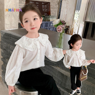 Áo sơ mi bé gái v5 nhật hà chất lụa cúc ngọc size đại 14 - 45kg