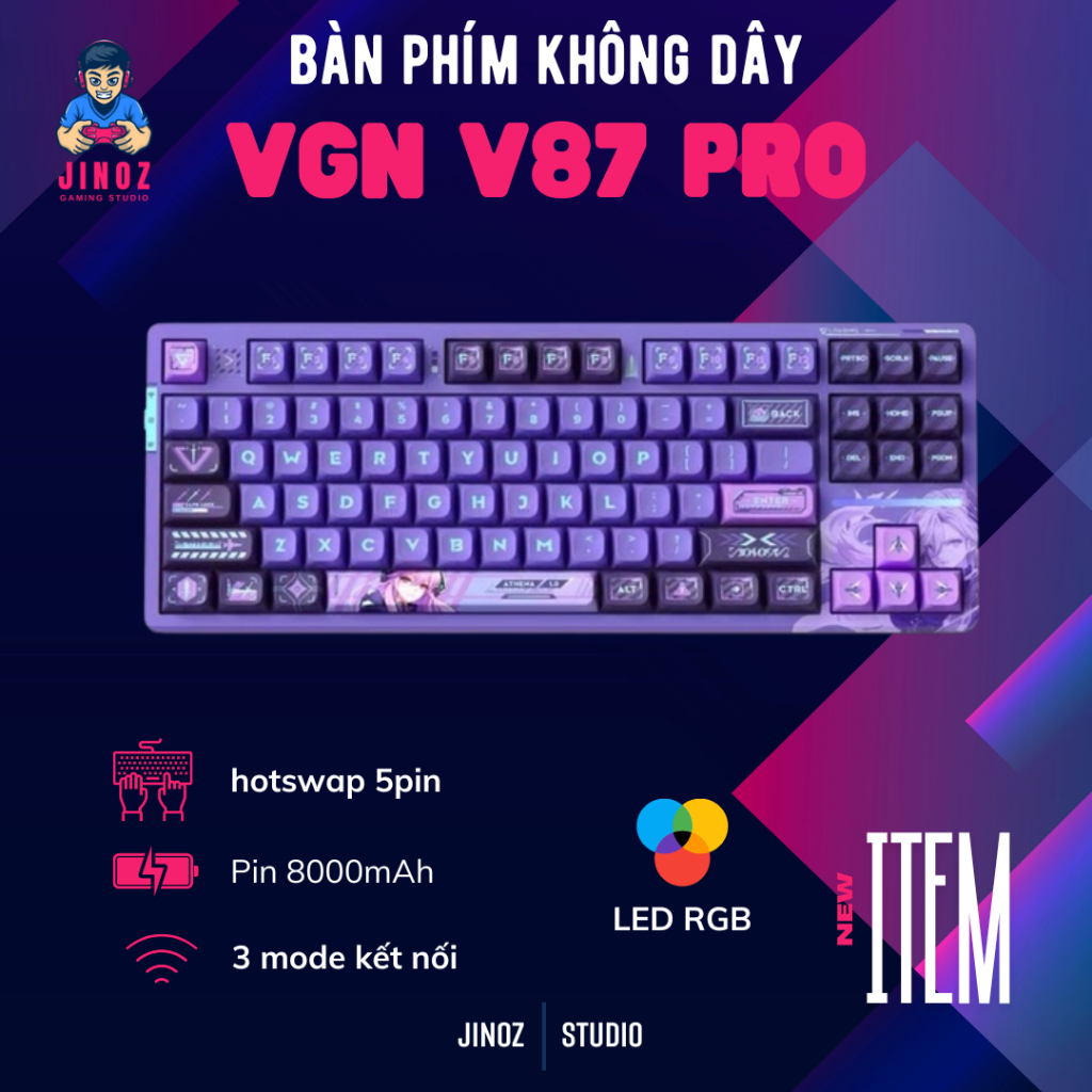 Bàn Phím Cơ VGN V87 Pro MẠCH XUÔI Keyboard Bộ Bàn Phím Cơ Wibu 3 mode RGB- hàng Chính Hãng - Jinoz G
