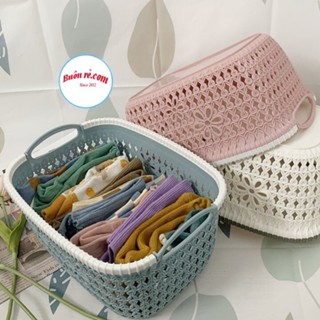 { HÀNG CAO CẤP } Rổ nhựa giả đan mây có quai cầm đủ kích cơ phong cách Hàn quốc
