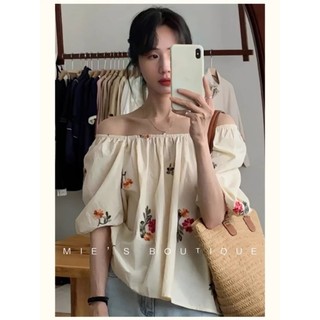 Áo trễ vai thêu hoa điệu đà vải cotton thô đơn giản xòe rộng thoải mái vintage Hàn Quốc hàng QC cao cấp