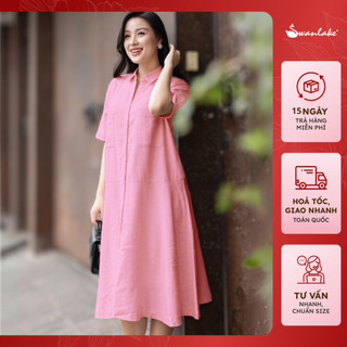 SWANLAKE | Đầm Sơ Mi Công Sở Dài Qua Gối Vải Linen Cao Cấp Form Dáng Suông A Có Túi Thanh Lịch Swanlake - D11346LW01