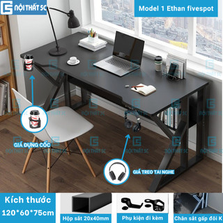 Bàn làm việc, bàn gaming chân sắt double X, double K 1m2 & 1m4 Nội Thất 5C Ethan bản nâng cấp, sắt hộp 20x40mm chắc chắn