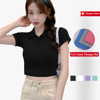 Áo Croptop Polo Ngắn Tay Nữ Madela Chất Cotton Co Giãn 4 Chiều, Croptop Ngắn Tay Cổ Trụ Nữ