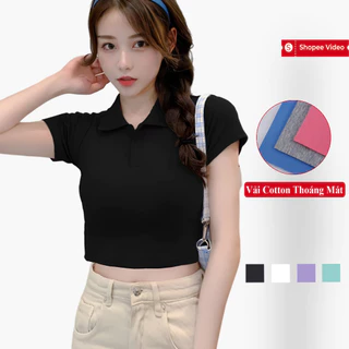 Áo Croptop Polo Ngắn Tay Nữ Madela Chất Cotton Co Giãn 4 Chiều, Croptop Ngắn Tay Cổ Trụ Nữ