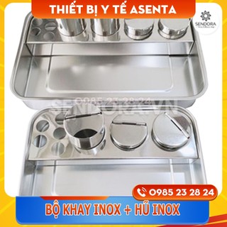Bộ khay inox + hũ inox đựng dụng cụ y tế, spa