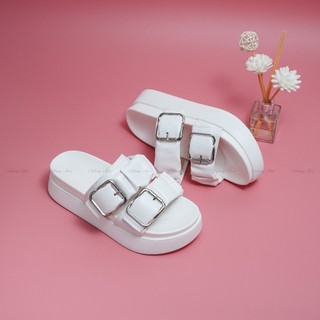 Dép nữ 2 quai ngang gắn Khuy Vuông CHIBAMY quai nhún bản to cao 5cm
