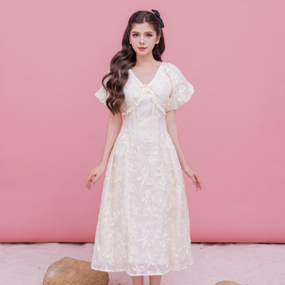 Váy nữ Minie Dress thêu họa tiết cổ V tay bồng dáng dài, Đầm kiểu nữ chất tơ mềm cao cấp  VVNT042407 