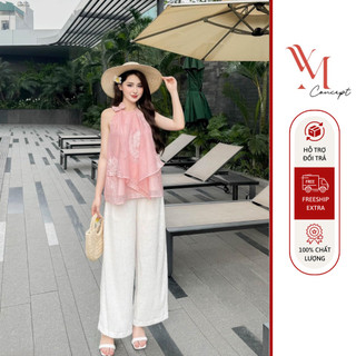 YM Concept Sét áo Cổ Yếm Tơ San Hô Đính Nơ + Quần Ống Rộng - D0882