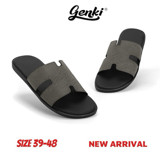 (Size 39-50) Dép Chữ H Genki Bigsize Quai Ngang Da Cao Cấp Màu Xám Nam Đế Bằng Cao Su