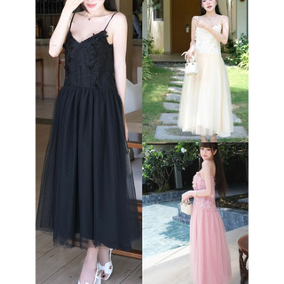 Đầm maxi ren hai dây phối lưới phom suông nhẹ
