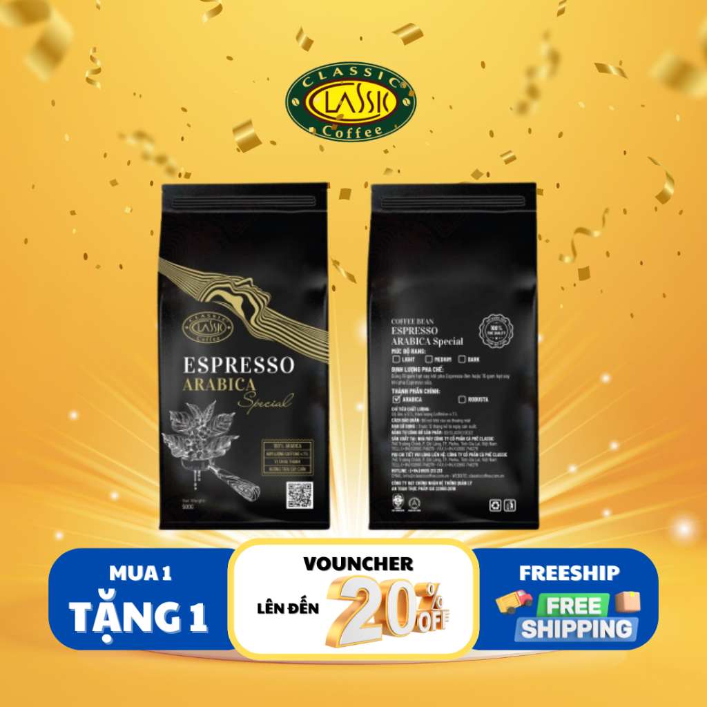 Cà Phê Classic Espresso Arabica hạt rang 500g
