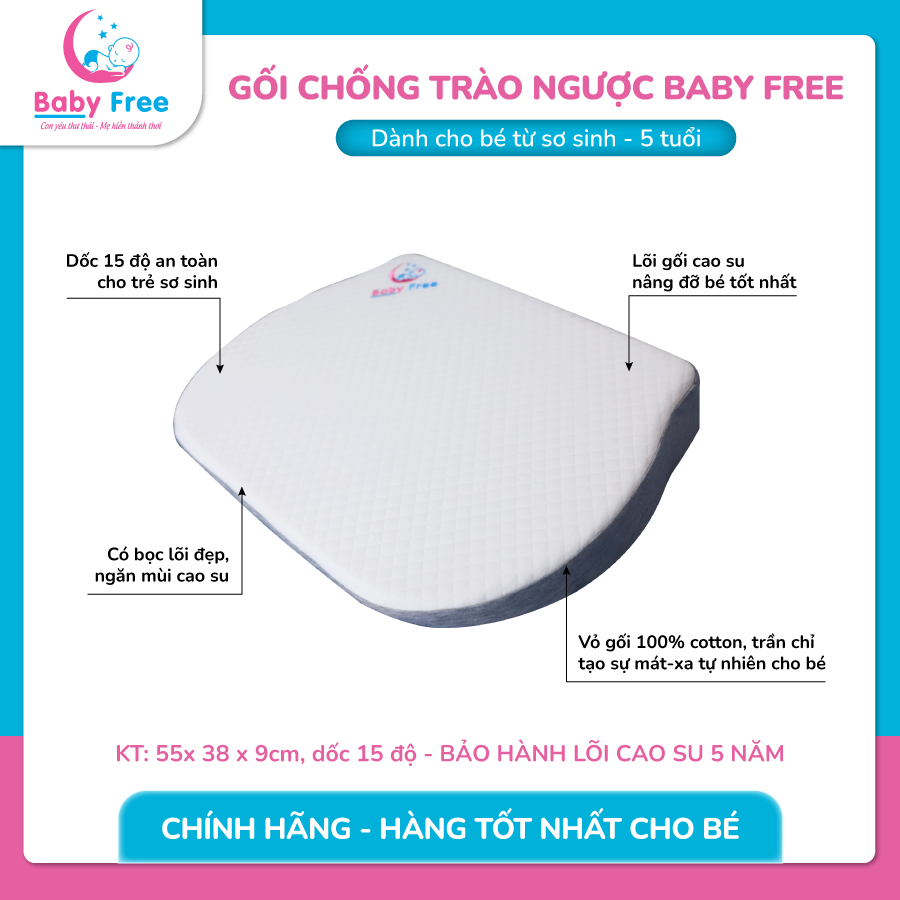 Gối Chống Trào Ngược cao cấp lõi cao su Baby Free dùng cho bé từ sơ sinh đến 5 tuổi