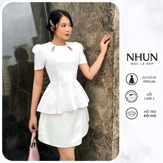 Áo sơ mi nữ peplum NhunFashion Áo kiểu nữ công sở thiết kế tay bồng cổ tròn 2 cúc ngọc kiểu dáng basic thanh lịch N151